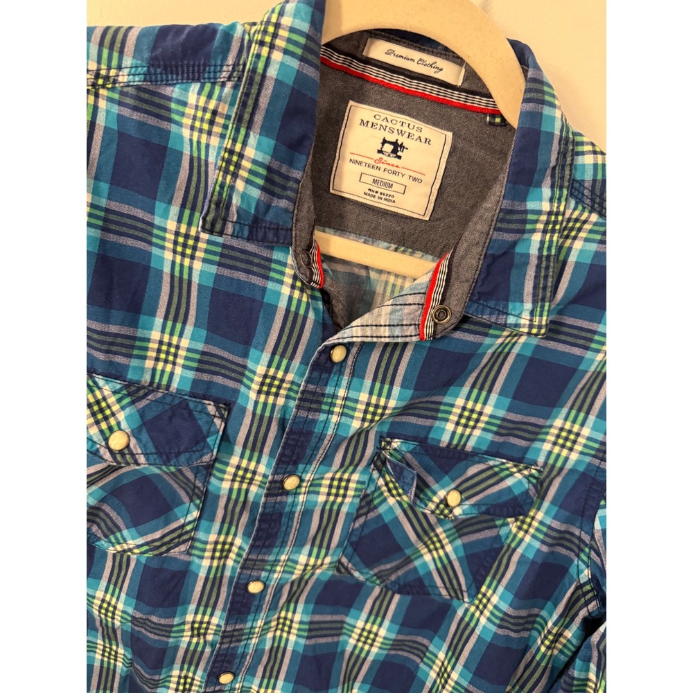 Cactus Menswear Plaid Button Down Shirt Mens Medium Blue Green Cotton LS